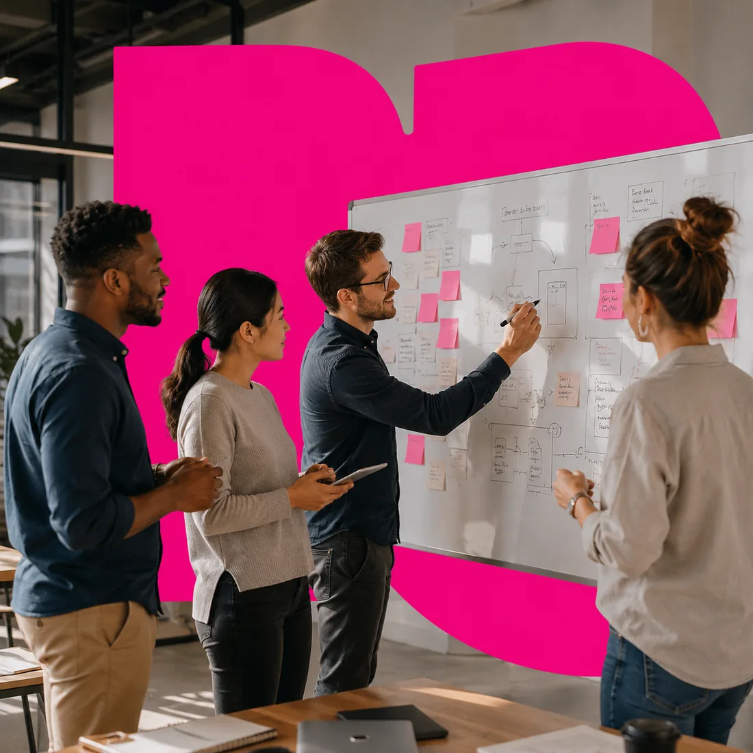 Analysts mapping out a Tableau dashboard workflow on a whiteboard with sticky notes and data diagrams